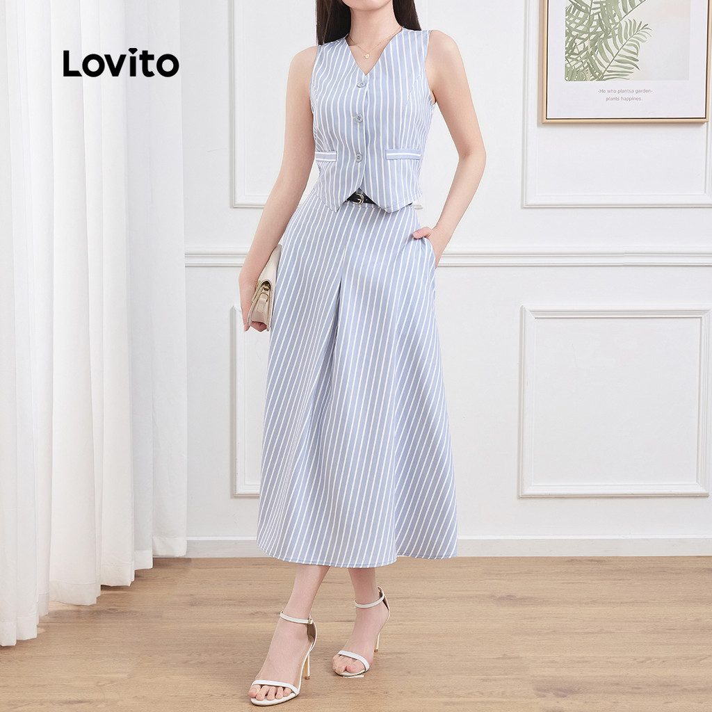 Lovito Tops ou calças com zíper listrado Boho para mulheres L128ED194 - Women Clothes