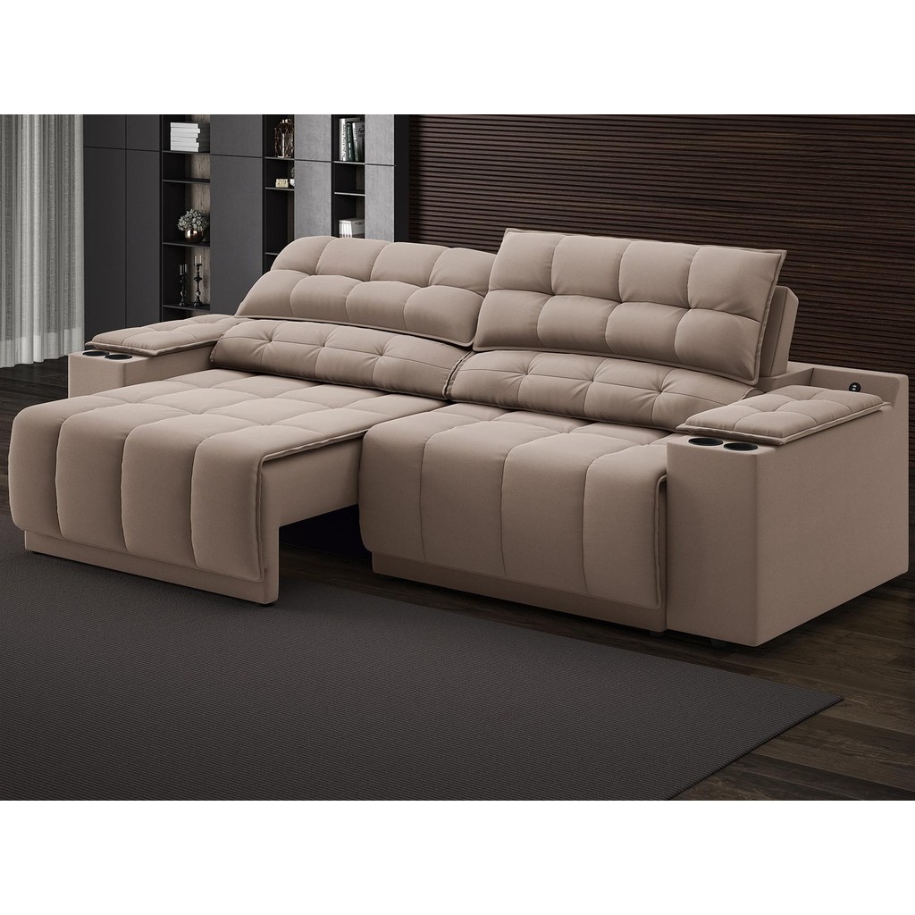 Sofá com Porta Copos Carregador USB Ret Rec Samurai 2,50m Velosuede Marrom - NETSOFAS