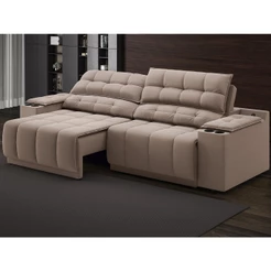 Sofá com Porta Copos Carregador USB Ret Rec Samurai 2,50m Velosuede Marrom - NETSOFAS
