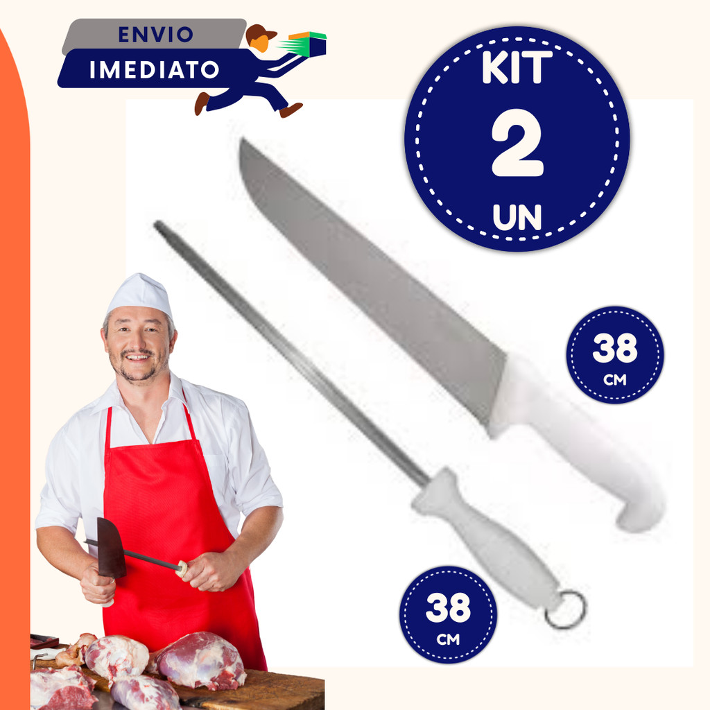 KIT Conjunto 02 un Chaira Profissional Amolador 38CM + Faca Chef 38CM Afiador de Faca Açougueiro Linha Premium Qualidade