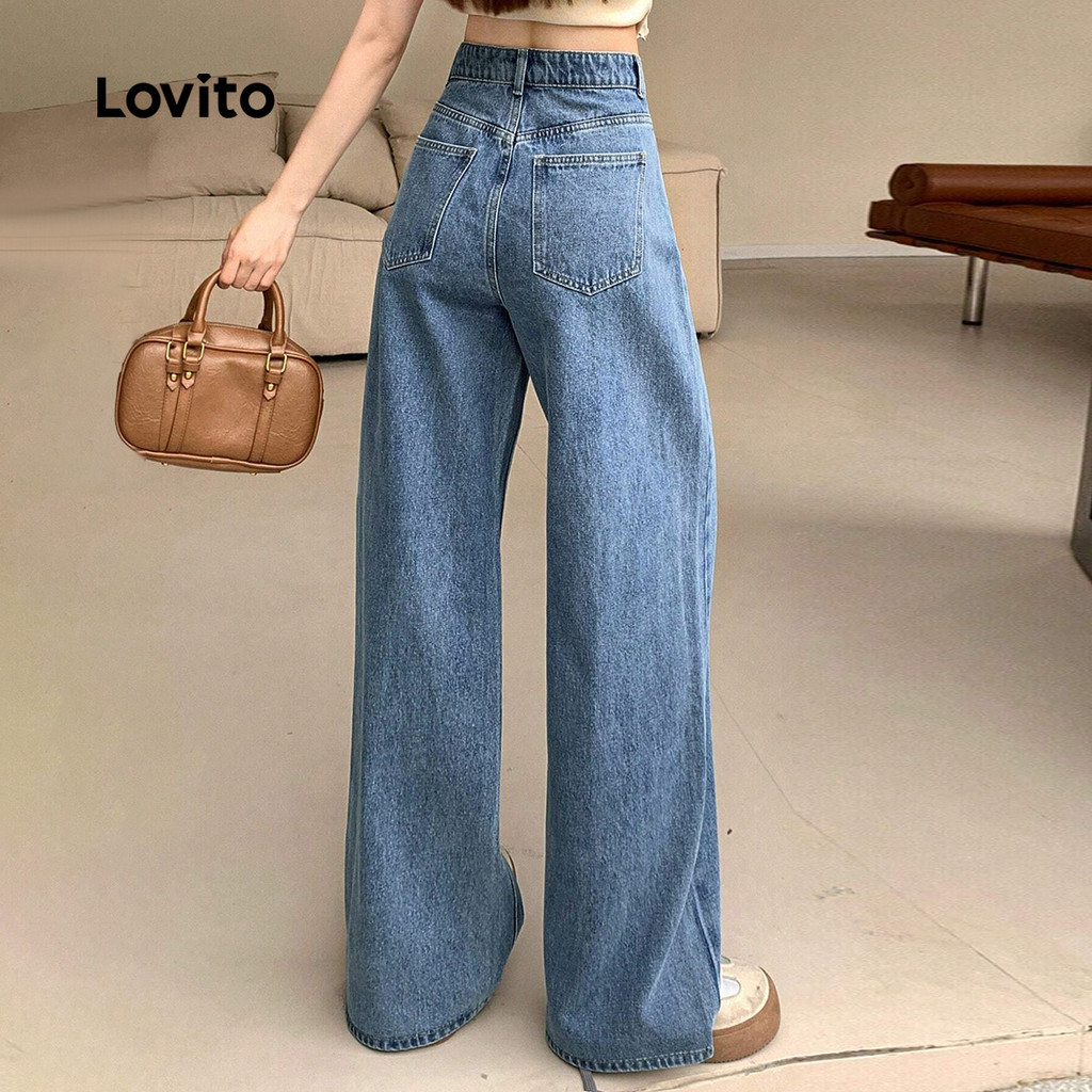 (Trendy) Lovito Jeans de linha de estrutura de bigodes de gato de bolso liso Casual para mulheres L131LD1169 em Oferta na Shopee