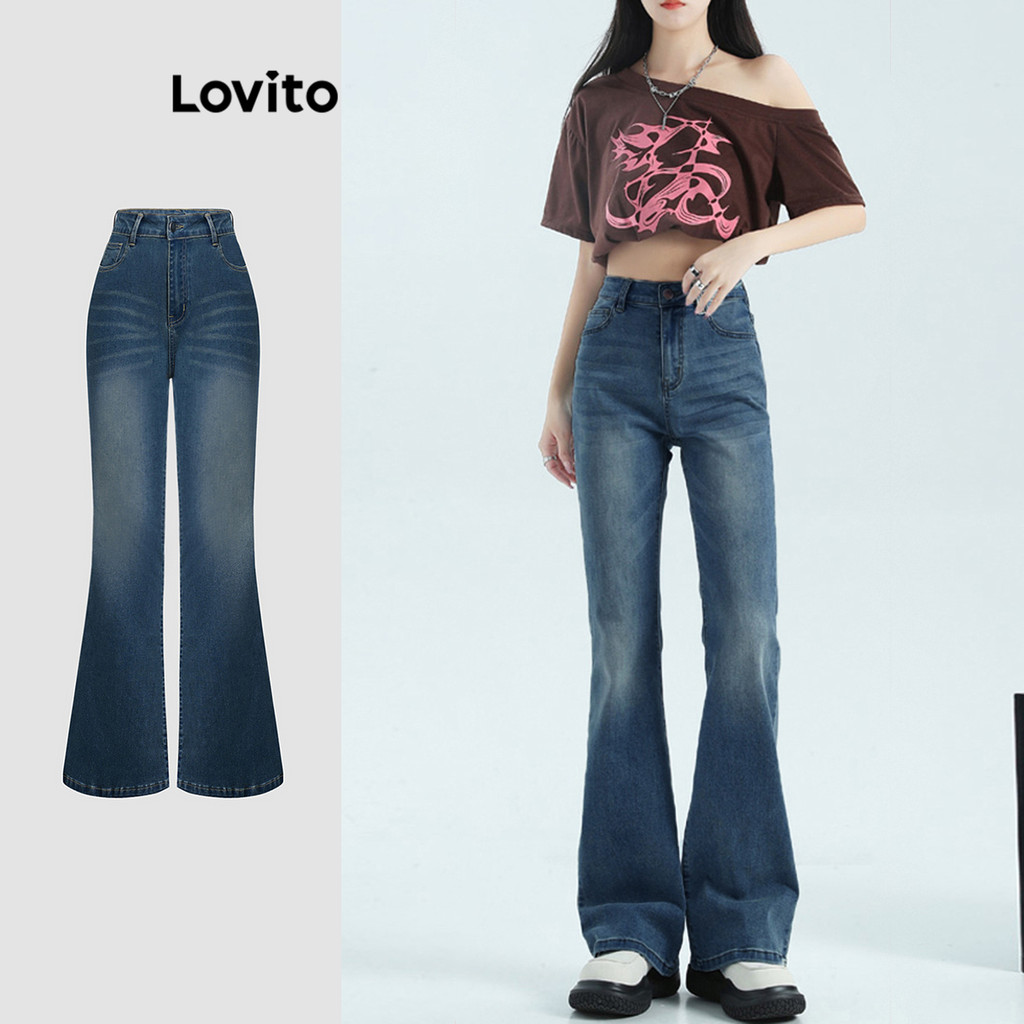 Lovito Jeans Casual Simples Lavado para Mulheres L112ED499 - Women Clothes