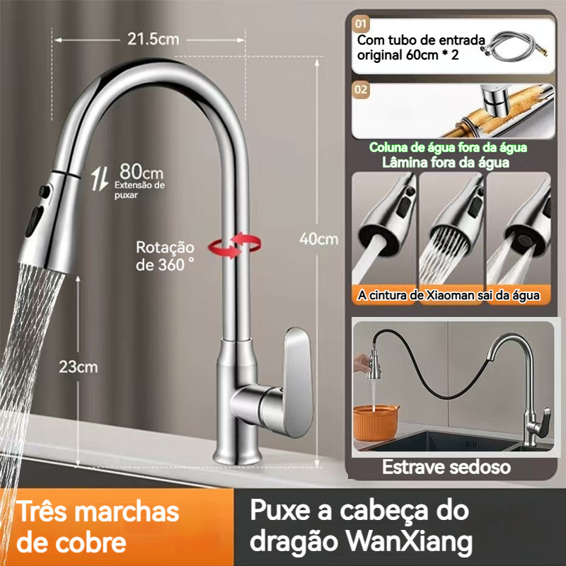 Torneira Gourmet Monocomando Com Extensor Ducha Luxo Inox Aço Escovado Pia Cozinha Com Com Spray Flexível  Misturador