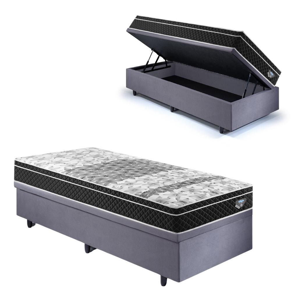 Box Baú Solteiro Cinza 88x188 com Colchão Gransleep Ecoflex