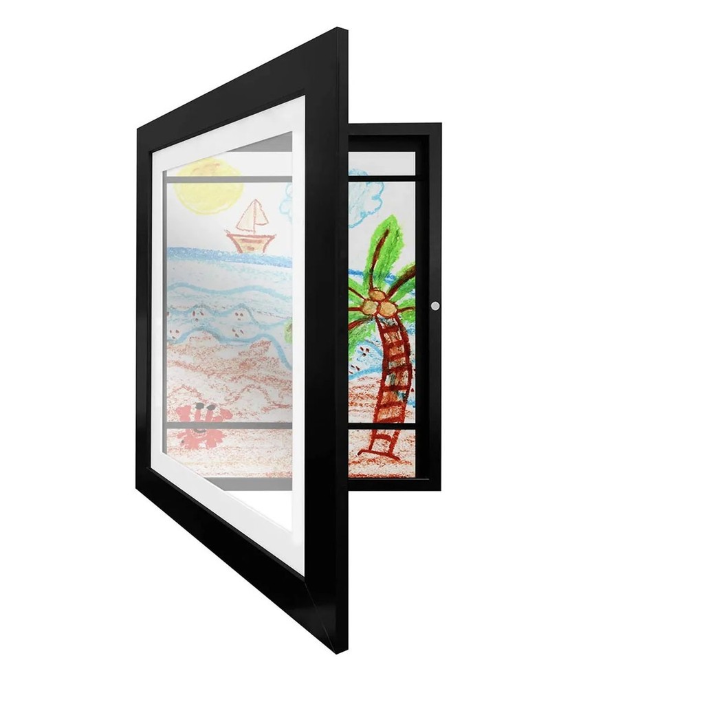 Quadro porta desenhos infantil A4 com moldura de madeira abre e fecha para organizar pintu...