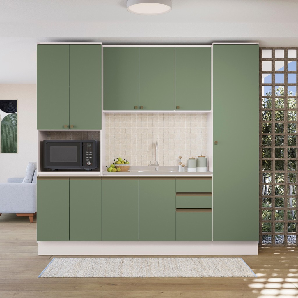 Cozinha Compacta com Kit Forno Celeste Kappesberg 100% MDF Branco/Verde 240cm - Home & Living