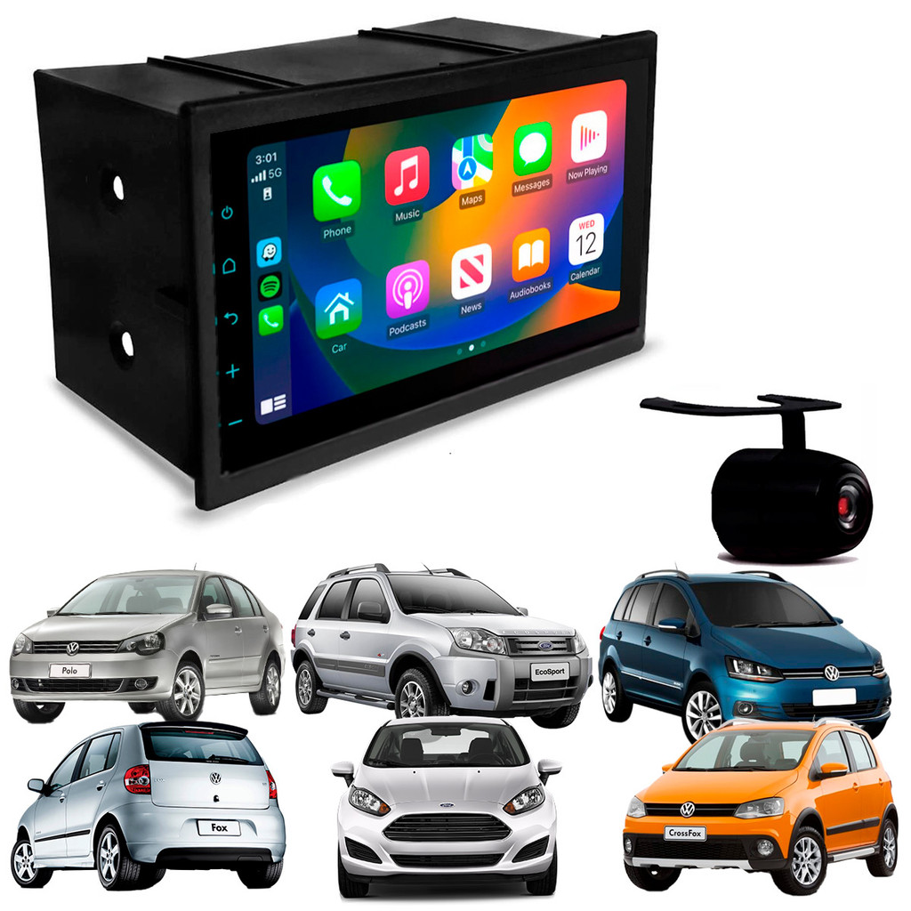 Multimídia Carplay Com Moldura Preta 2Din Polo Space Cross Fox Bora Golf Ecosport Fiesta + Câmera Ré em Oferta na Shopee
