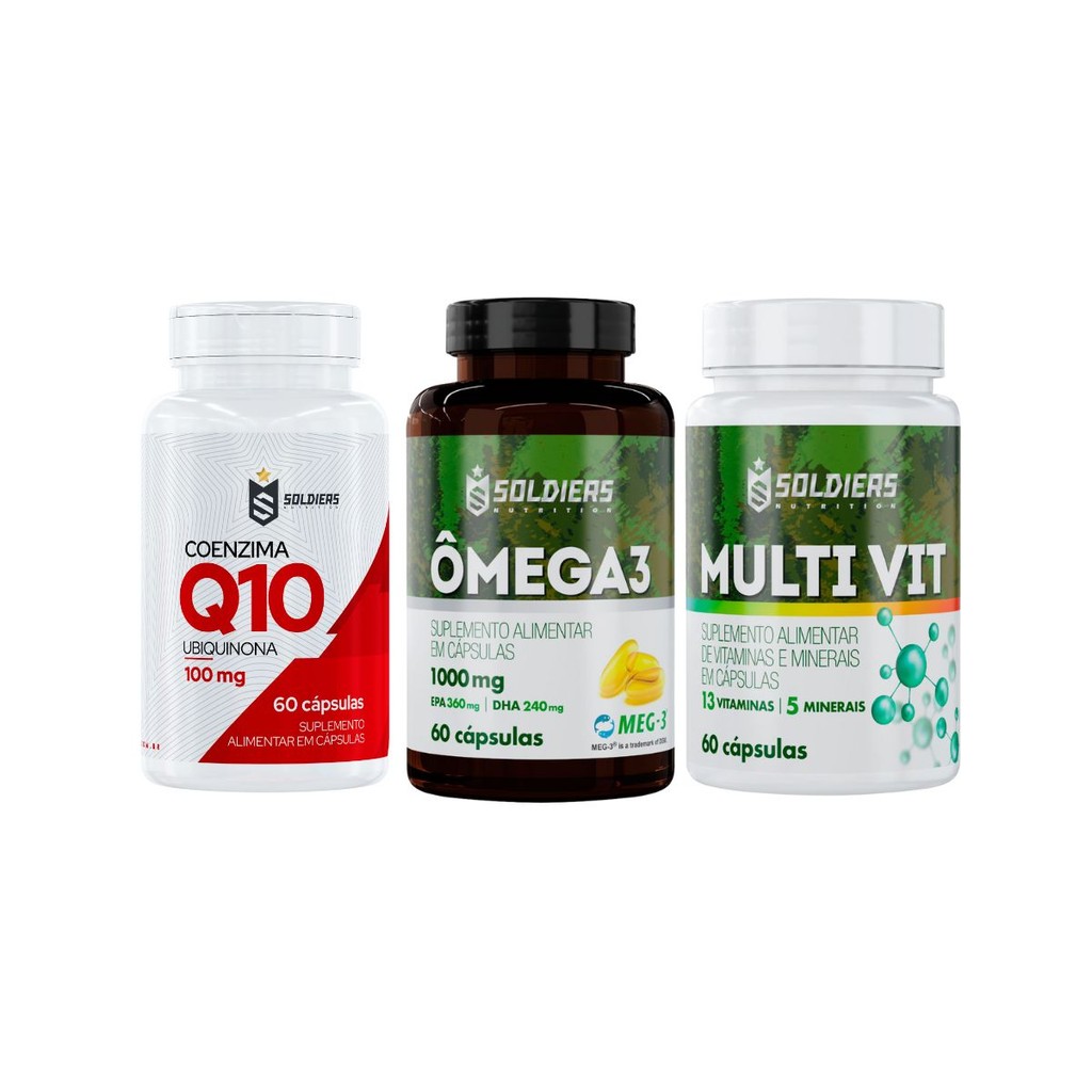 Kit: Coenzima Q10 100mg + Ômega 3 60 Caps 1000mg + Multivitamínico 60 Cap Soldiers Nutrition Saúde em Oferta na Shopee