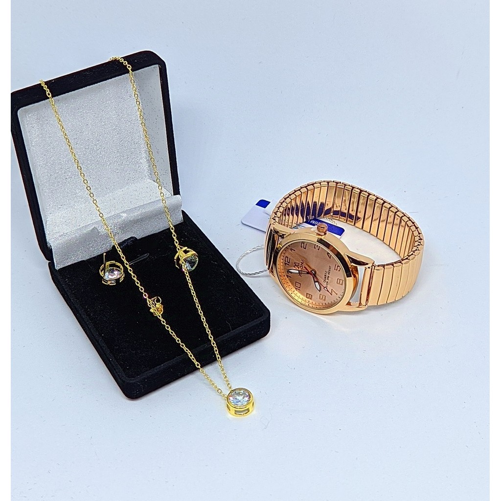 Kit Relógio Feminino Quartz aço inox Pulseira elástica analógico Redondo Gold Rose + Colar e Brincos Folheado Ouro