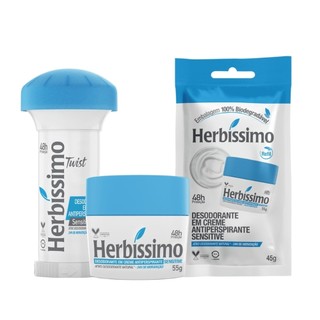 Kit 3 itens - Desodorante Creme Antitranspirante Herbíssimo | Twist + Sachê Refil + Potinho | Sensitive 45g em Oferta na Shopee