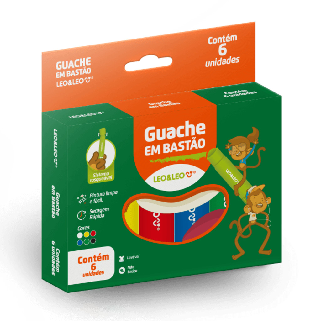 Tinta Guache Em Bastão Seca Rápido Infantil 6 Cores  Pintura  Fácil e Limpa Leo&leo
