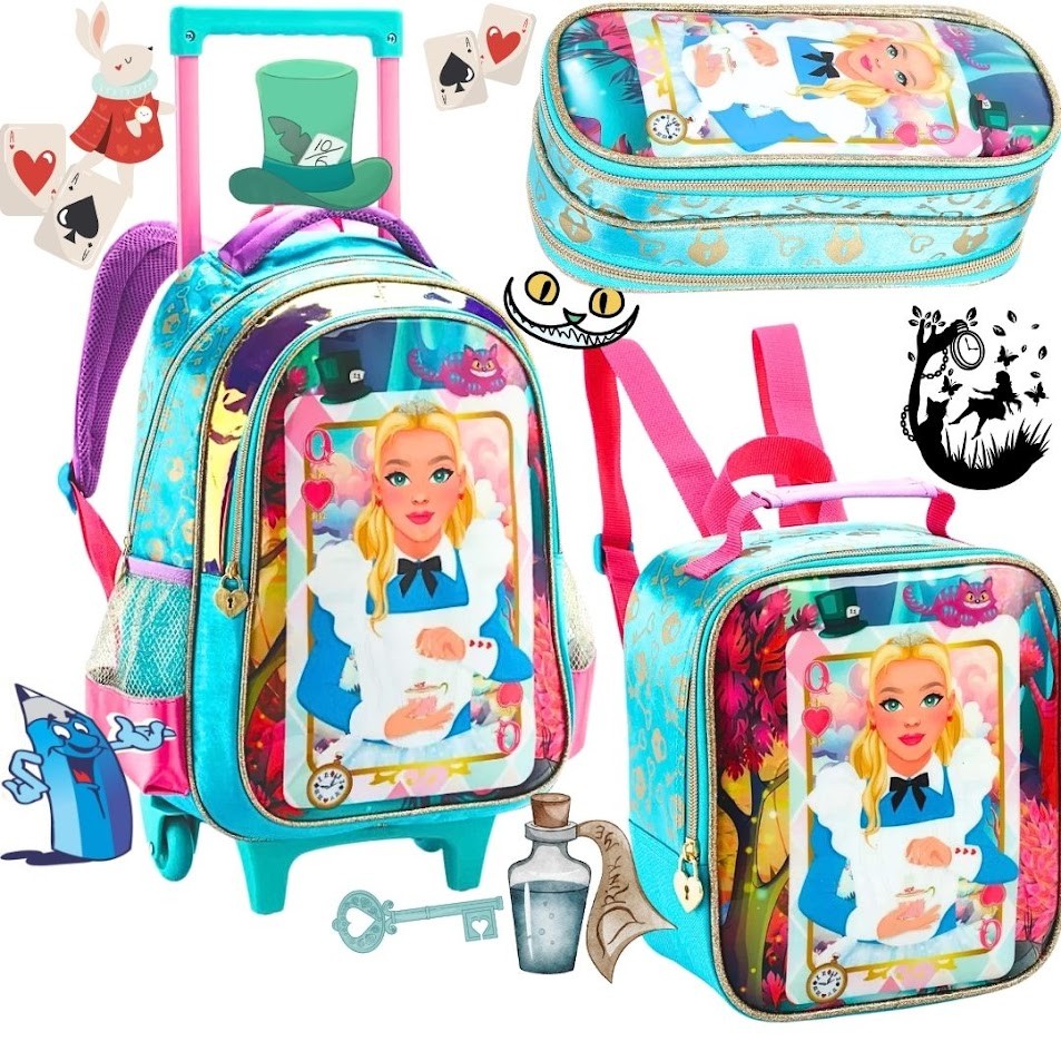 KIT MOCHILA RODINHA ALICE PAIS DAS MARAVILHAS COM LANCHEIRA E ESTOJO INFANTIL MENINA GRANDE DENLEX AZUL LEVE