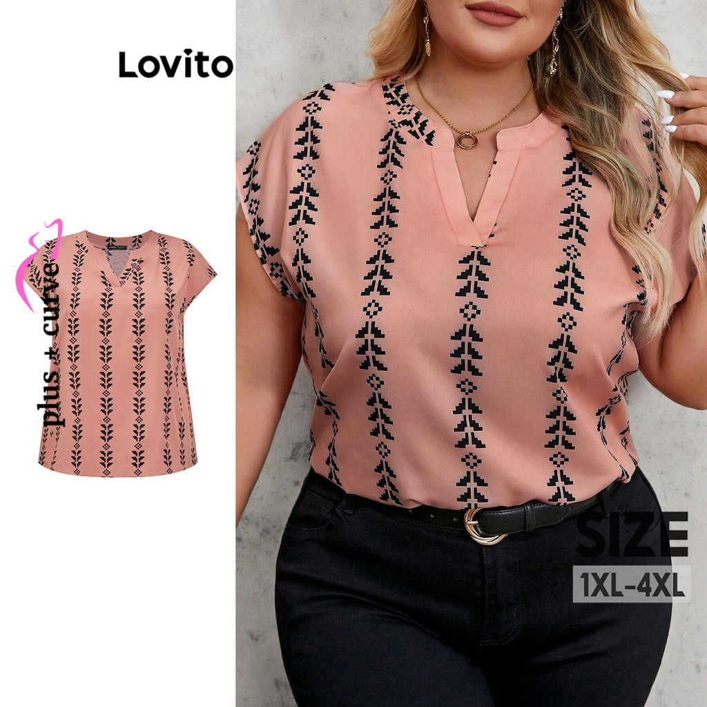 Lovito Blusa Curva Plus Size Boho Tribal Print Padrão Blusa Para Mulheres LBL18317 - Women Clothes