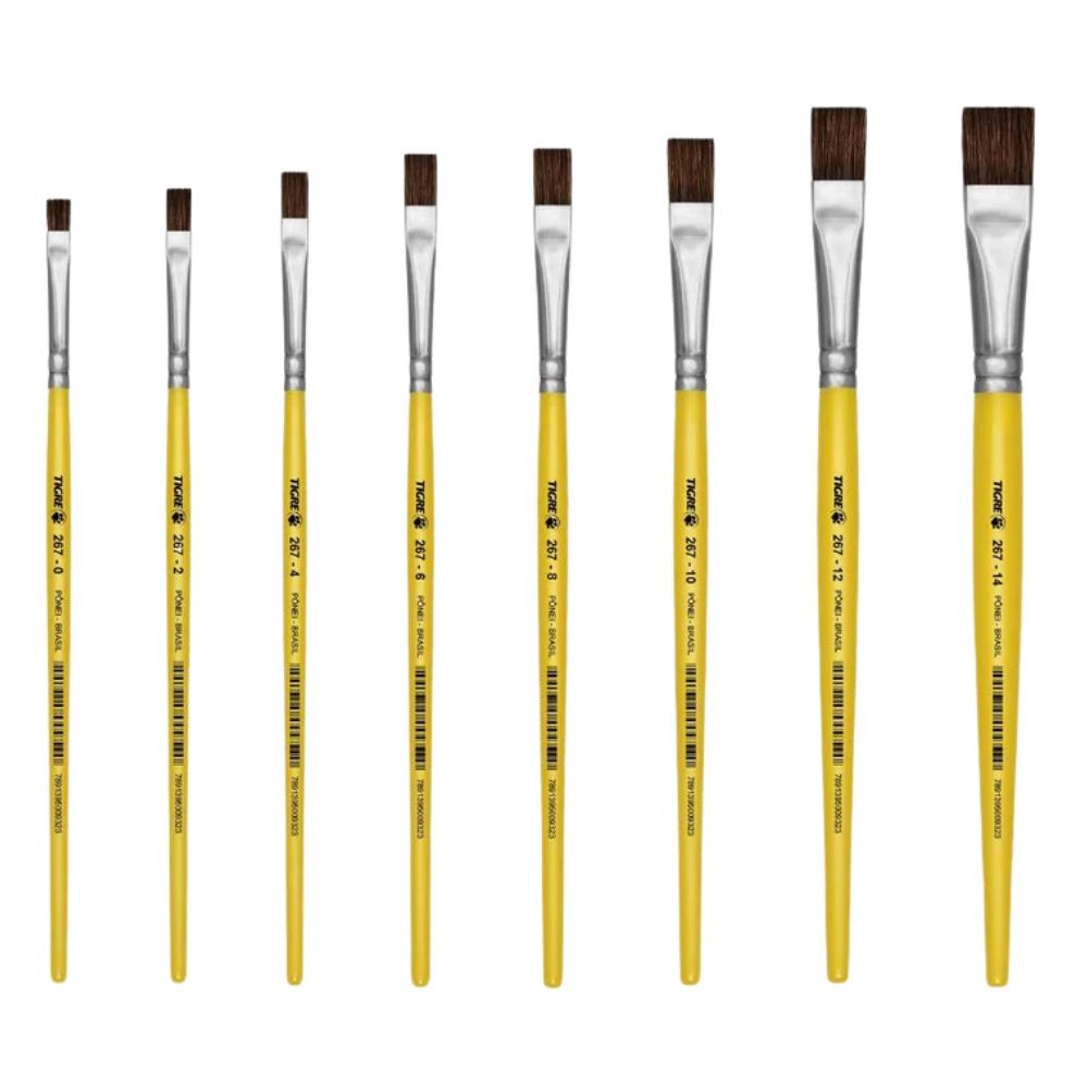 Pincel Escolar Chato Amarelo Tigre 267 Nº 00, 02, 04, 06, 08, 10, 12 ou 14 (Escolha o Numero) em Oferta na Shopee