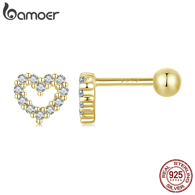Bamoer 925 Sterling Sliver Brincos Coração Cor Dourada Requintada Moda Joias Presentes Para Mulheres