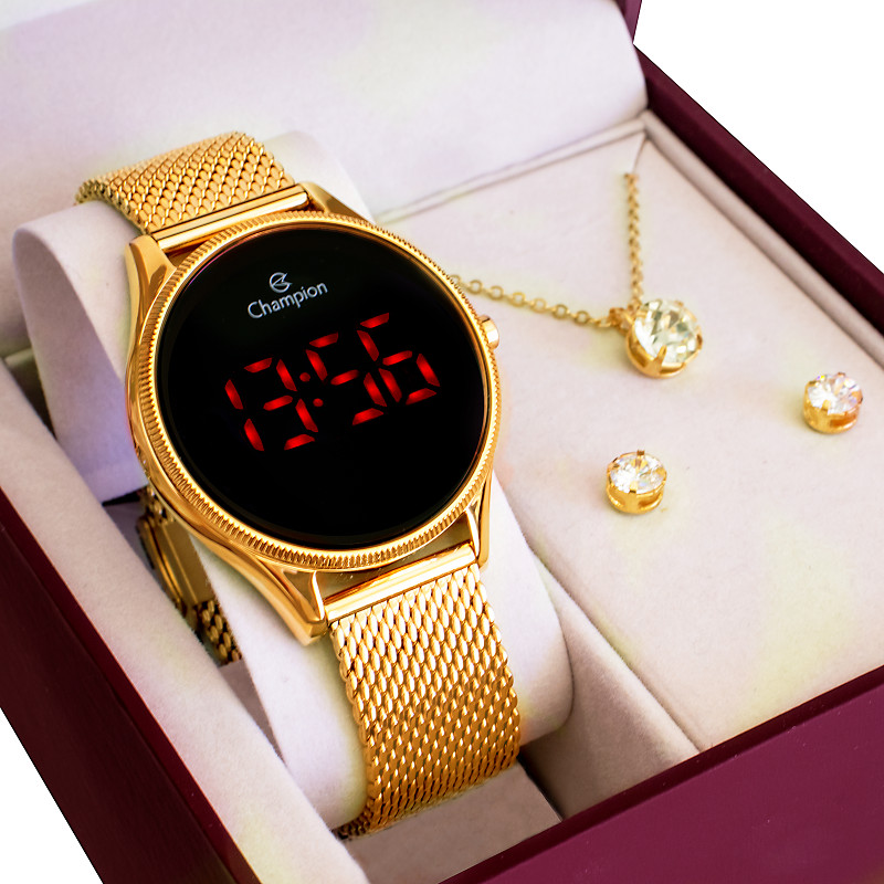 Imagem Relógio Champion Feminino Dourado Digital Led Vermelho CH40133V Colar e Brincos