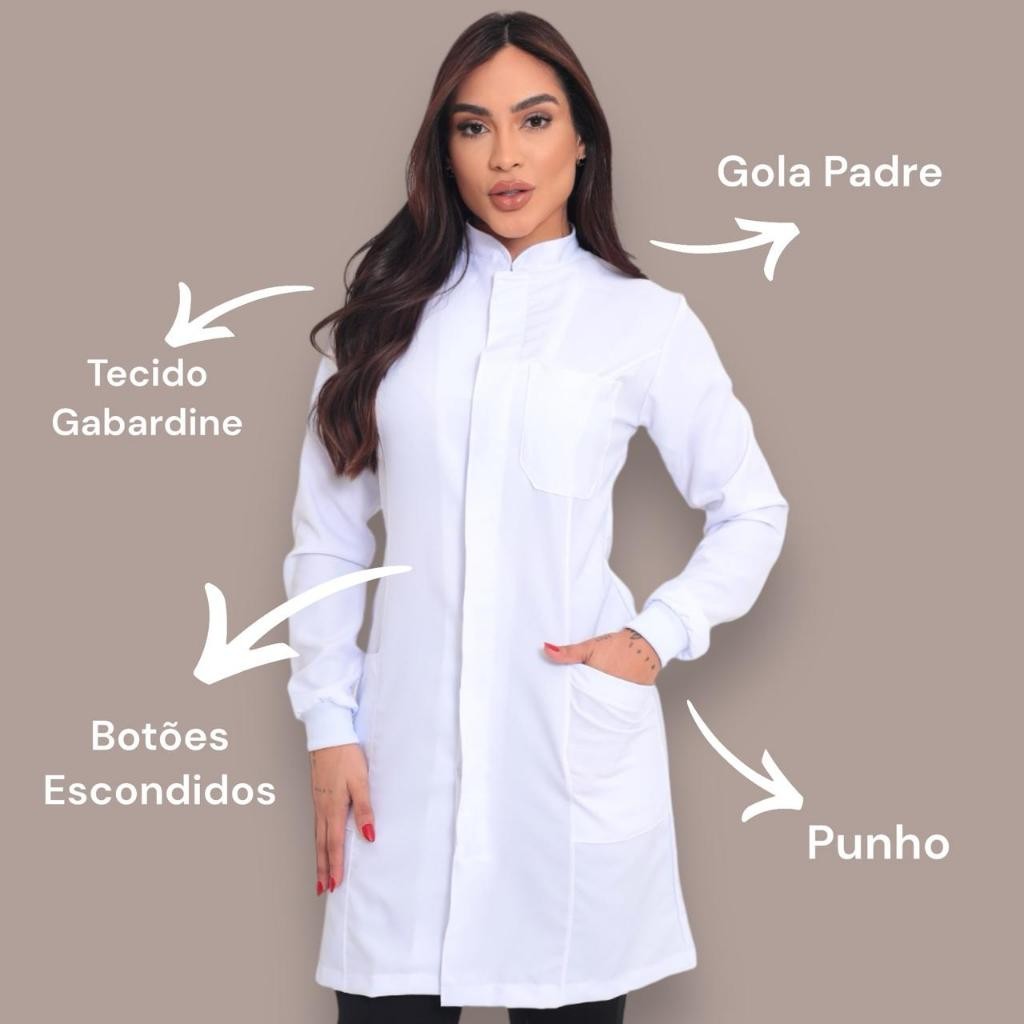 Jaleco Branco Gabardine Punho Gola Padre Acinturado Dentista Enfermagem Fisioterapia Odontologia
