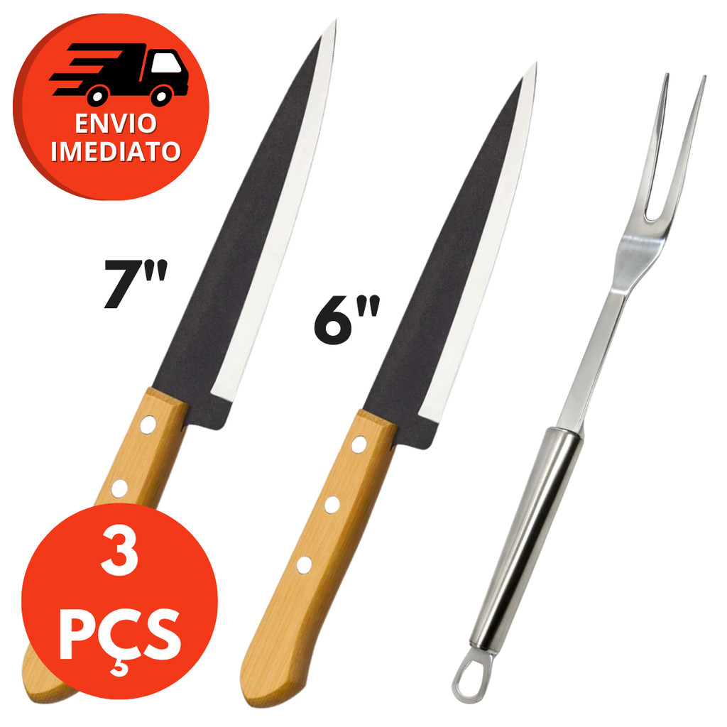 Kit Churrasco 03 Pçs Garfo Trinchante Pegador Aço Inox E Faca 6“ e 7" Jogo Churrasqueira Cozinha