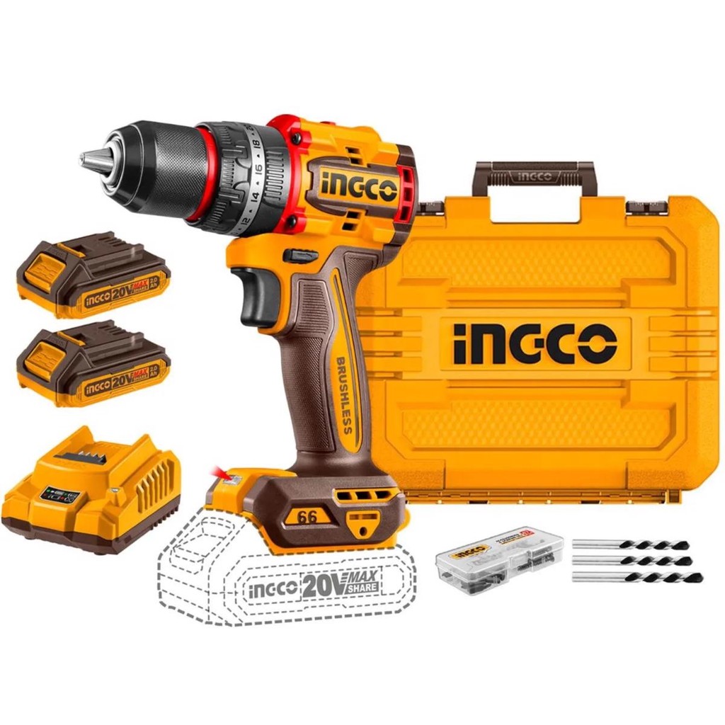 Parafusadeira/Furadeira de Impacto 1/2 Brushless 20v + 2 Baterias 2.0Ah - CIDLI20668-9 INGCO BRASIL