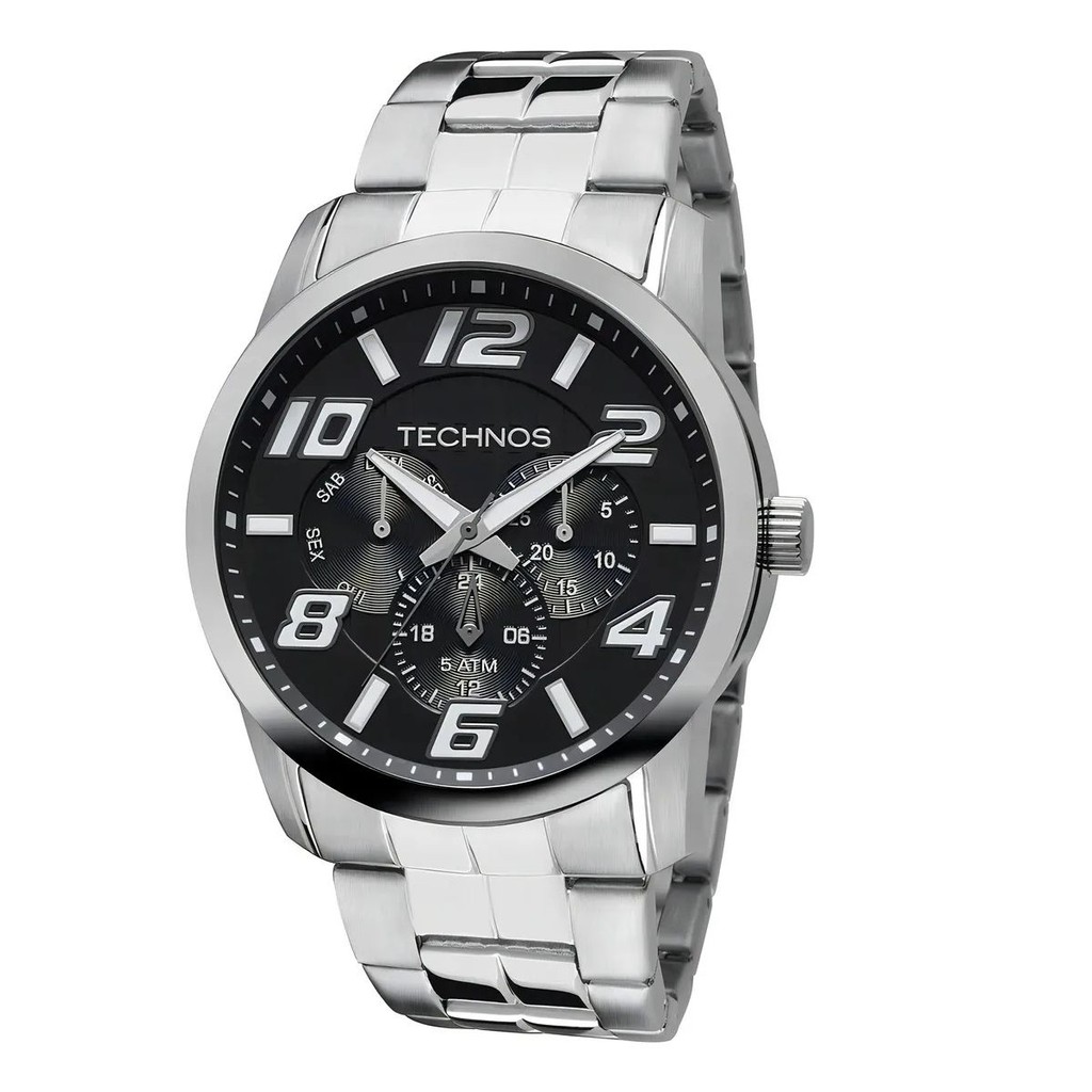 Relógio Masculino Technos Prateado Pulseira Fundo Preto