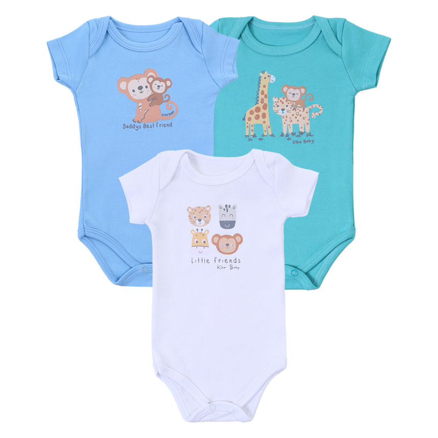 Kit Body Bebê Kiko Baby Estampa Safari Manga Curta - 3 Peças