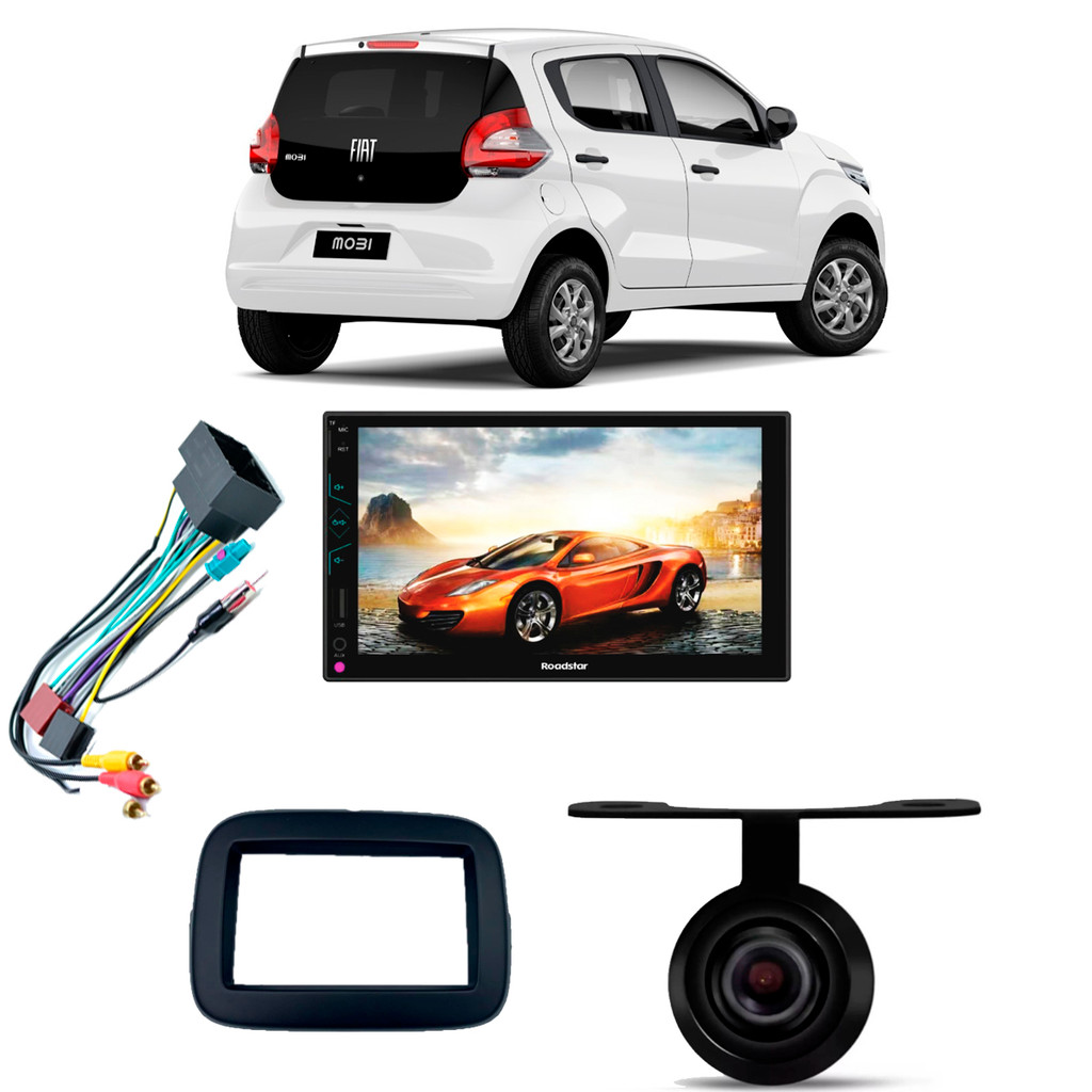 Kit Central Multimídia 7 pol RS507MP5BR Fiat Mobi 2016 a 2022 sem som de fábrica Moldura + Câmera + Chicotes