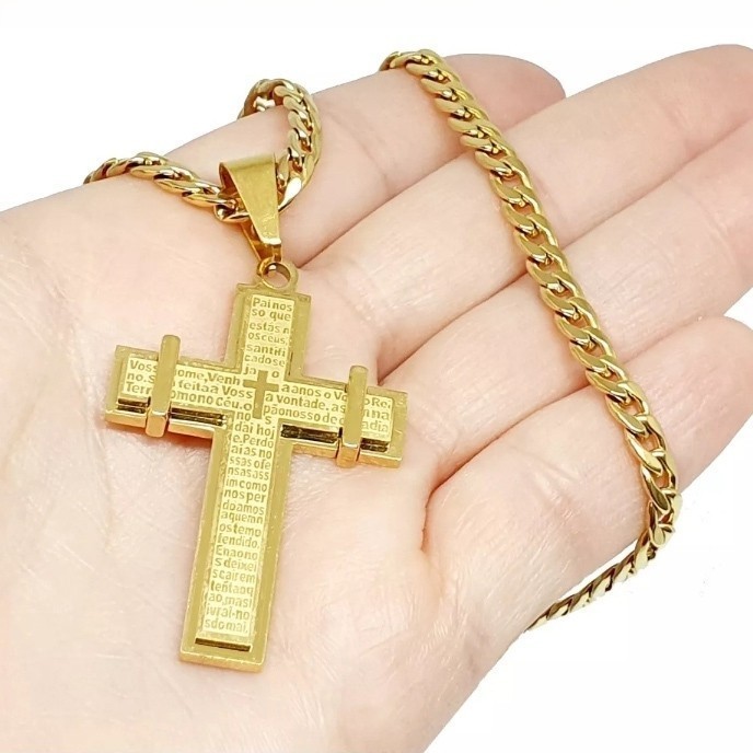 Kit Corrente e Pulseira Masculina com Pingente de Cruz Pai nosso cordão aço inox Dourado