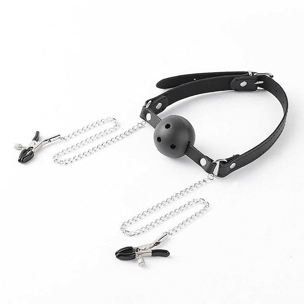 Mordaça Ball Gag com Prendedor de Mamilos e Corrente BDSM — imagem 2 de 2
