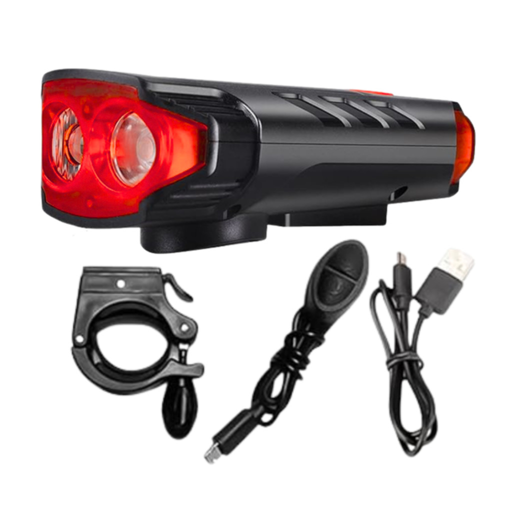 Farol de Bicicleta 2 LEDs 500 Lumens Recarregável USB e Solar com Buzina Alarme H1861