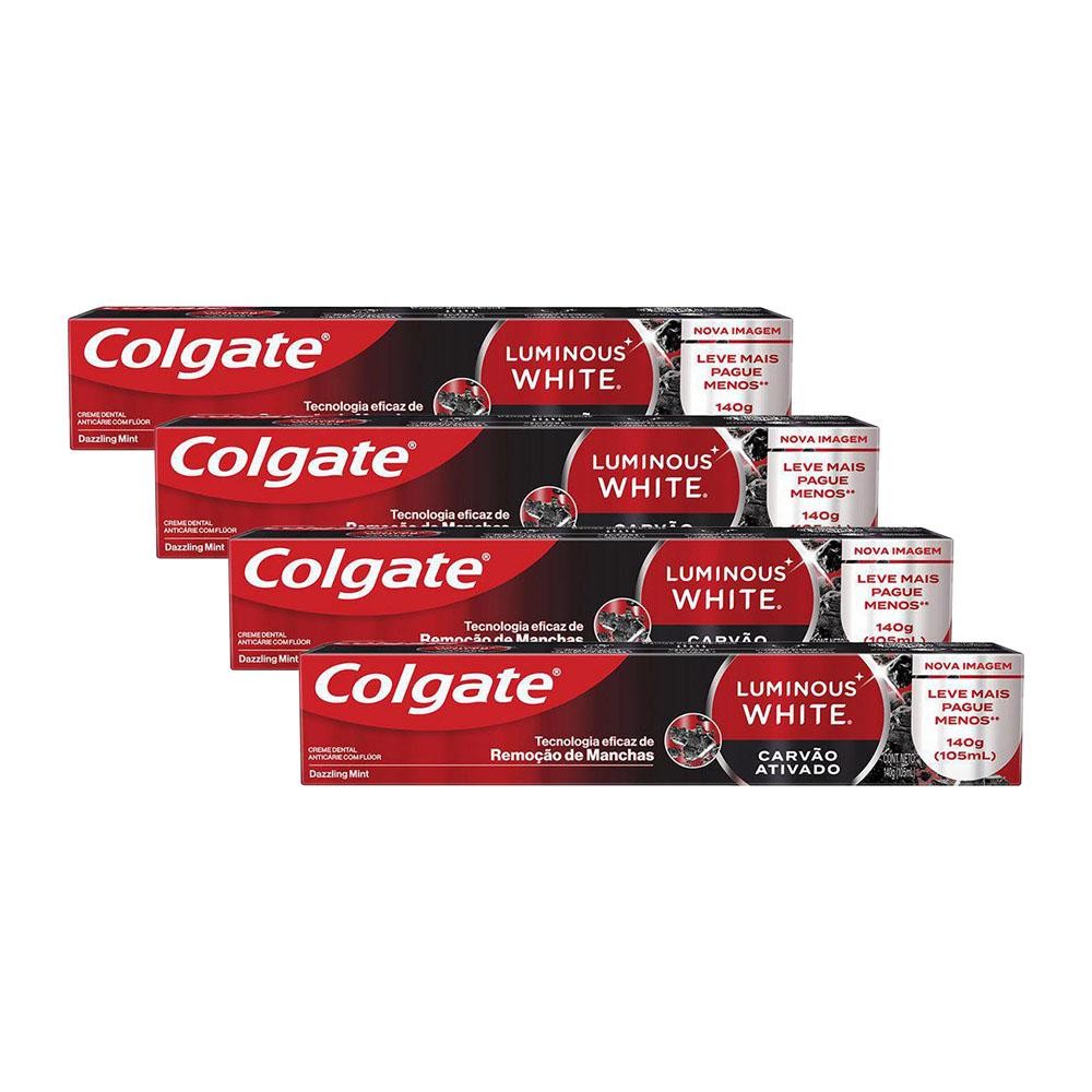 Kit 4 Cremes Dentais Colgate Luminous White Carvão Ativado 140g em Oferta na Shopee