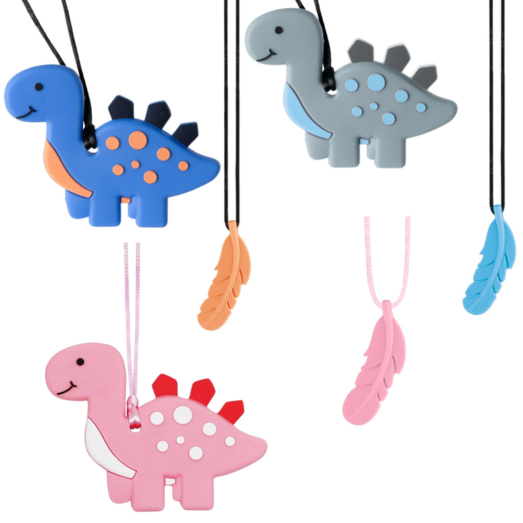Kit Colar Sensorial Mordedor de Silicone Autismo Ansiedade 2Und Dino