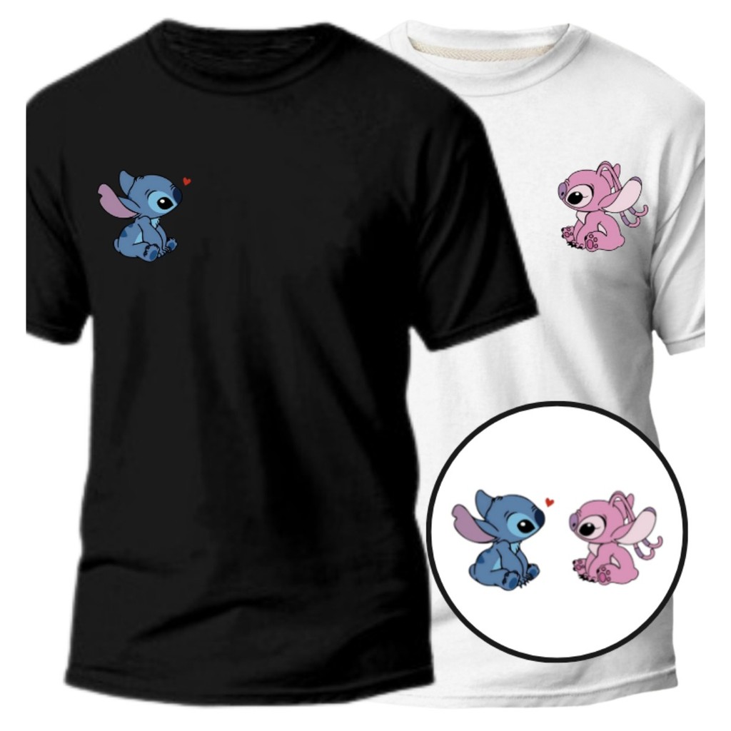 Camisa Camiseta Kit Casal ou Avulsa Estampa Fofa Para Casal Lilo Azul e Angel Rosa Blusa Algodão