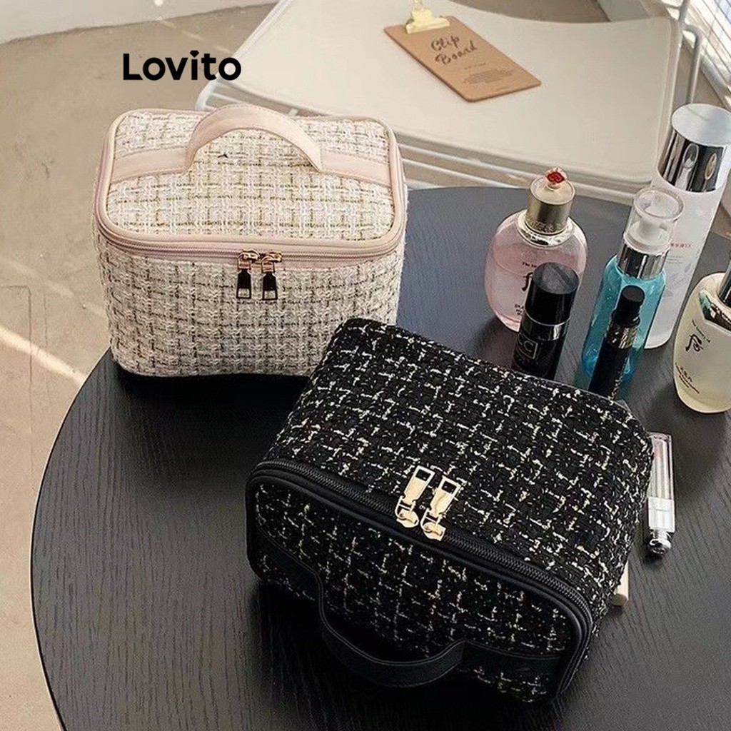 Lovito Bolsas De Maquiagem De Beleza Tweed Bolsas De Maquiagem Estilo Hepburn De Alta Capacidade Para Mulheres LBT01065 em Oferta na Shopee