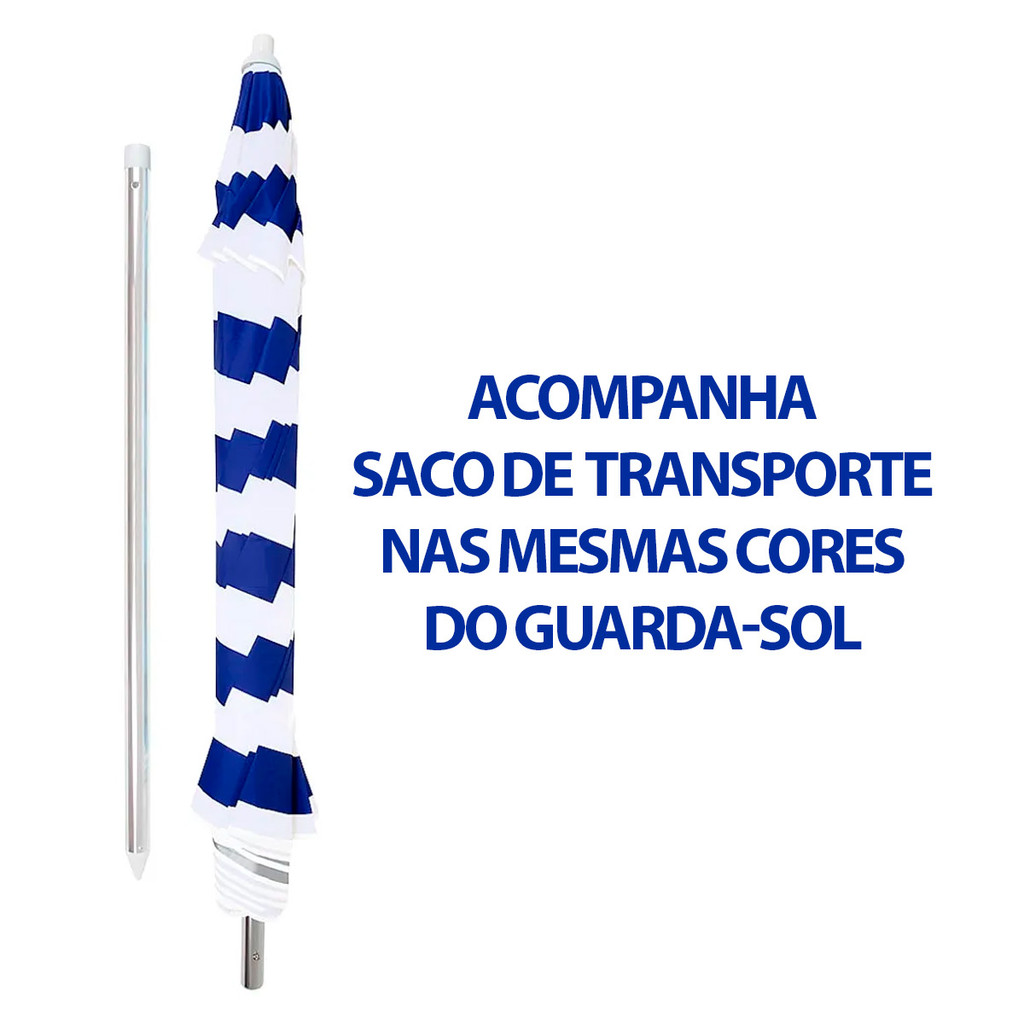 Detalhes do Guarda-Sol 2,40m Alumínio Articulado com Silver Coating Azul com Branco C/ Bolsa Transporte - MOR