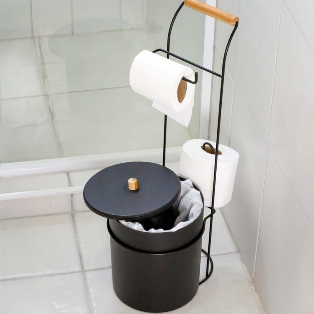 Lixeira com Suporte Papel Higiênico para Chão Banheiro Lavabo Arthi Cesto Lixo Resistente Moderno