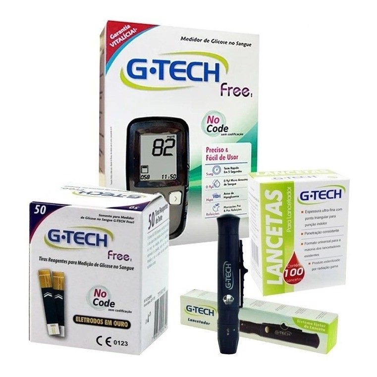 Medidor De Glicose G Tech Free Com 50 Tiras E 100 Lancetas
