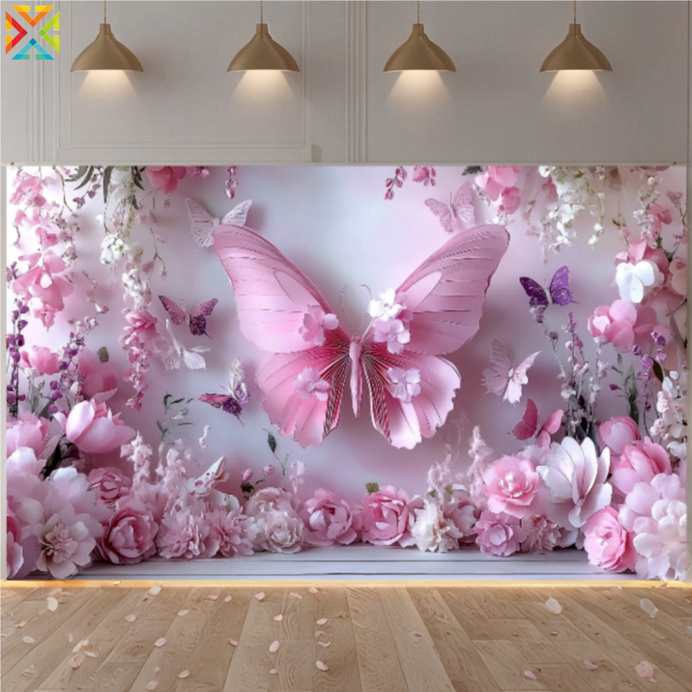 Fundo De Fotografia De Poliéster Rosa Princesa Menina Festa De Aniversário Flor Borboletas Parede Europeia Foto Pano De 