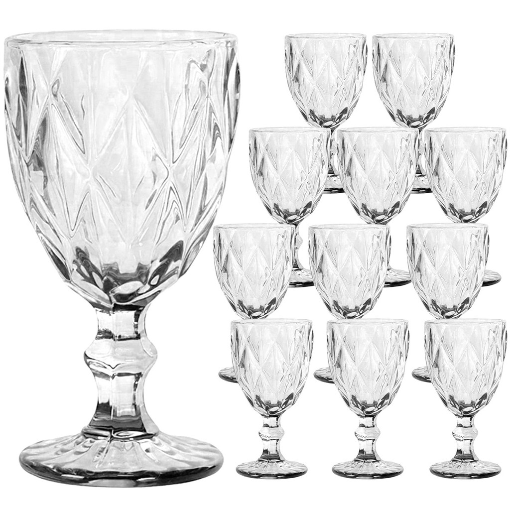 Jogo 12 Taças de Vidro Luxo Diamond Transparente 310ml Vinho Água Drinks Grosso Resistente Diamante