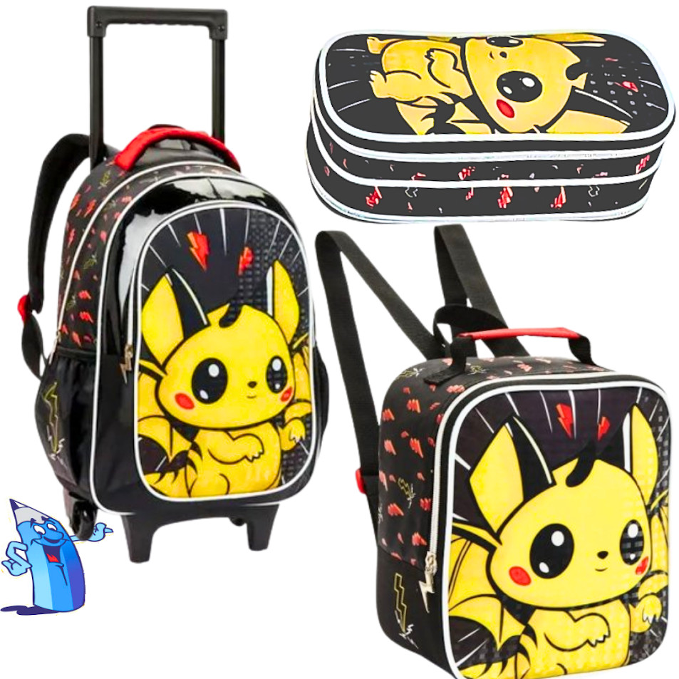 KIT MOCHILA DE RODINHA COM LANCHEIRA E ESTOJO PIKACHU INFANTIL ESCOLAR POKEMON DENLEX em Oferta na Shopee