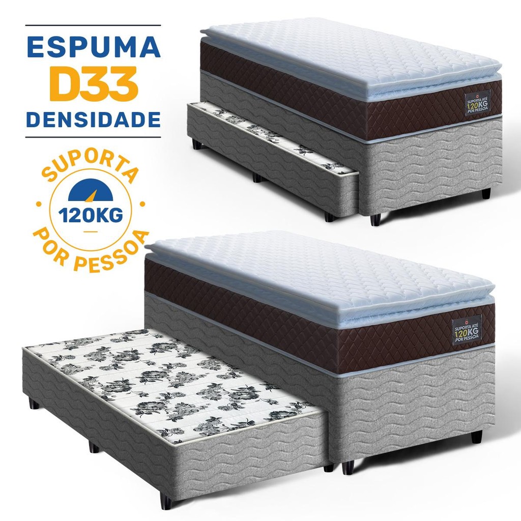 Cama Box com Colchão de Espuma D33 Pillow Top Comfort Luxo + Auxiliar de Espuma Unique Solteiro 88cm em Oferta na Shopee