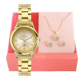 Relógio feminino Condor dourado, pequeno, com colar e brincos. Moda CO2035NAQ/K4X em Oferta na Shopee
