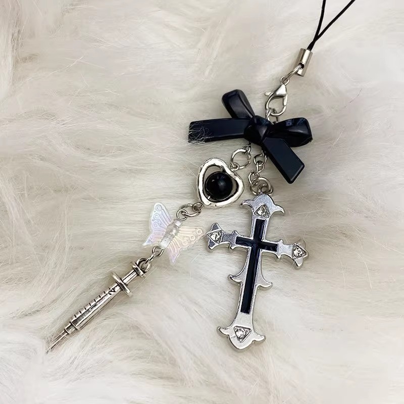 1 Pçs Kpop Gótico Estrela Cruz Chaveiro Para Telefone Y2K Goth Preto Arco Coração Borboleta Cordão No Saco Pingente Egir