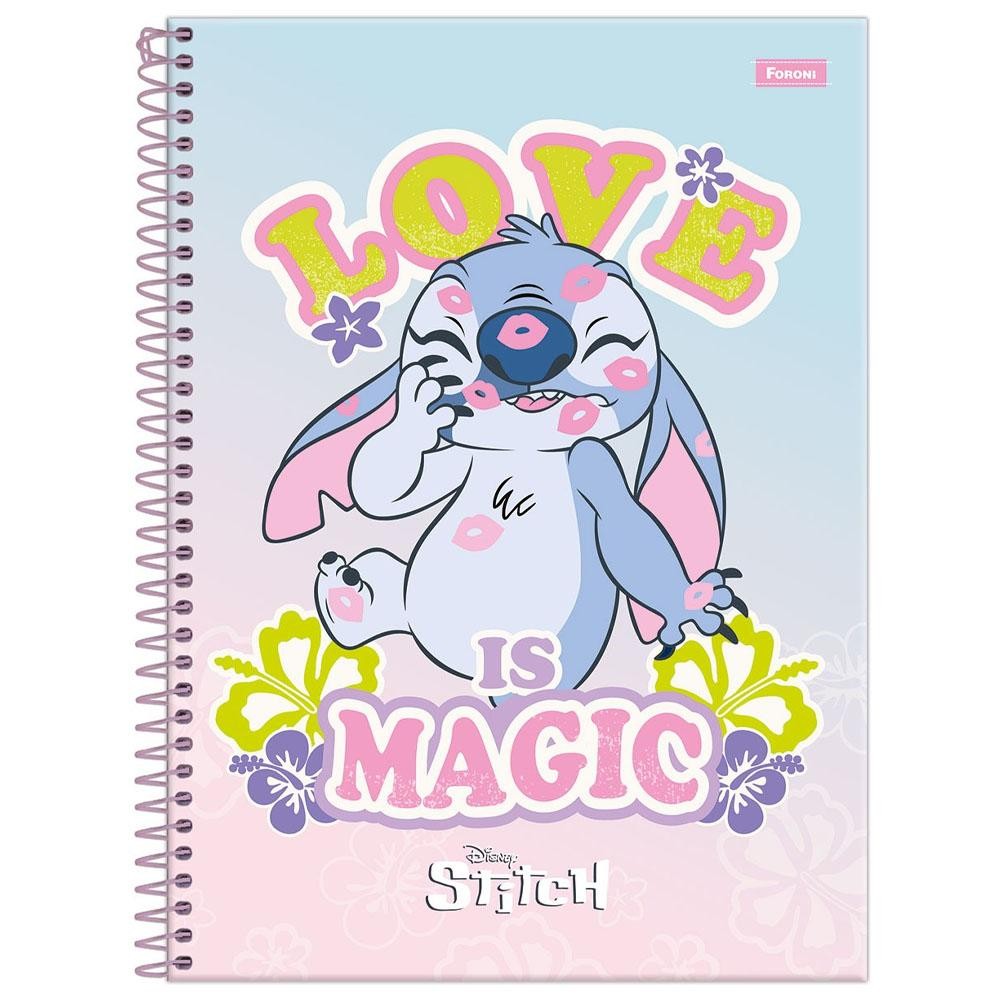 Caderno Universitário 20x27,5cm (Grande) 1 Matéria 80 Folhas Disney Stitch Love is Magic Foroni em Oferta na Shopee