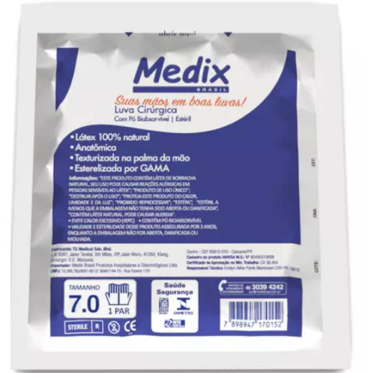LUVA CIRURGICA LATEX C/PO  TAM 7.0 PAR - MEDIX
