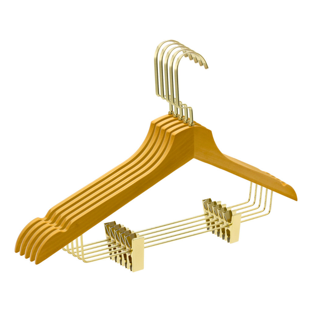 Kit 10 Cabide De Madeira Hk-t11 Marfim Com Presilha Dourado Luxo Adulto