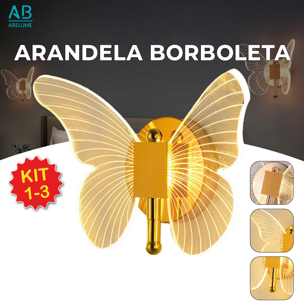 Luminária Arandela Borboleta Dourada LED de Parede 3 Tons de Luz iluminação interna Bivolt em Oferta na Shopee