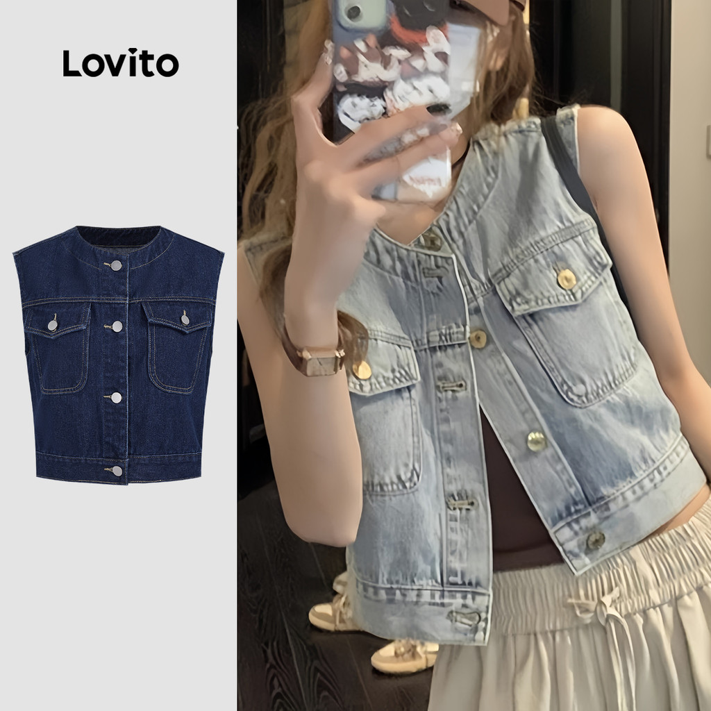 Lovito Jaqueta Casual De Verão Com Botão Frontal E Bolso Jeans Para Mulheres LNM67109 - Women Clothes