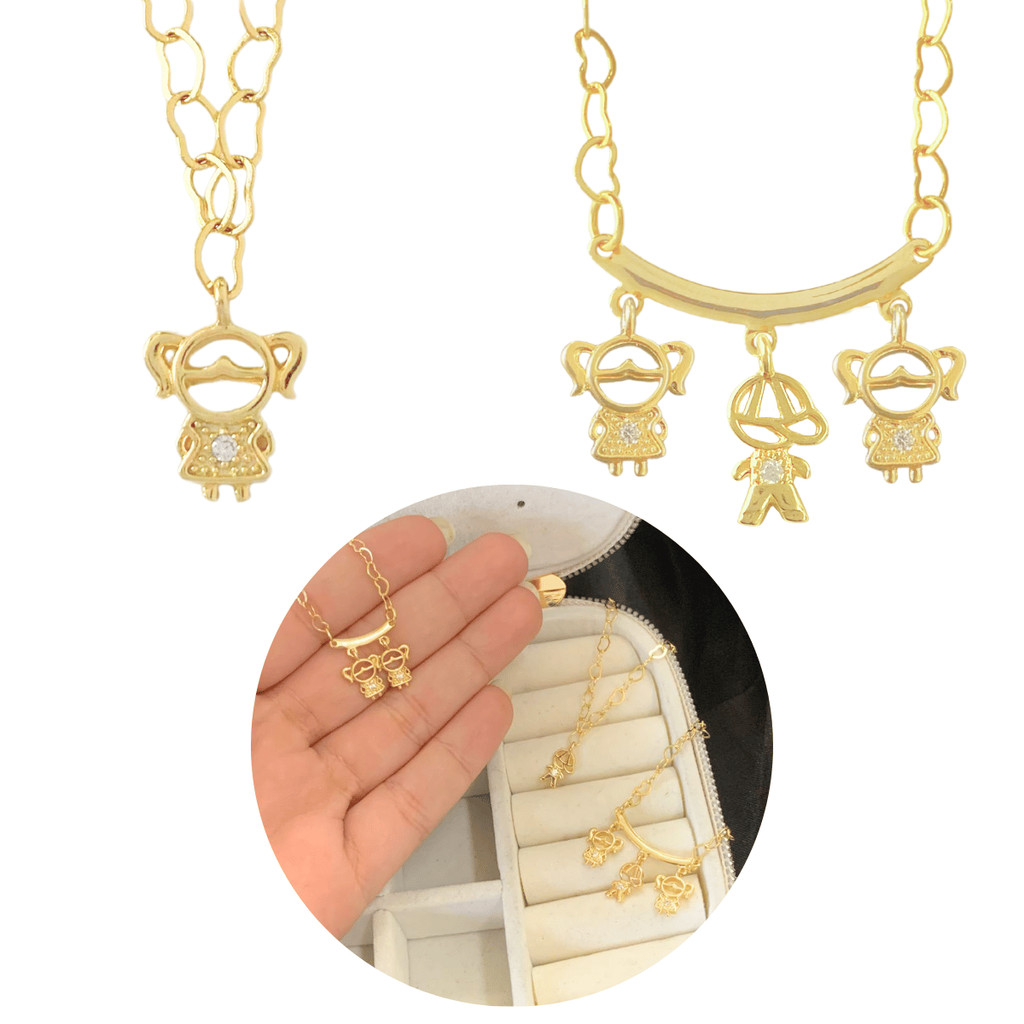 Colar Filhos Pingentes menino e menina Banhado Ouro18k Lindo em Oferta na Shopee