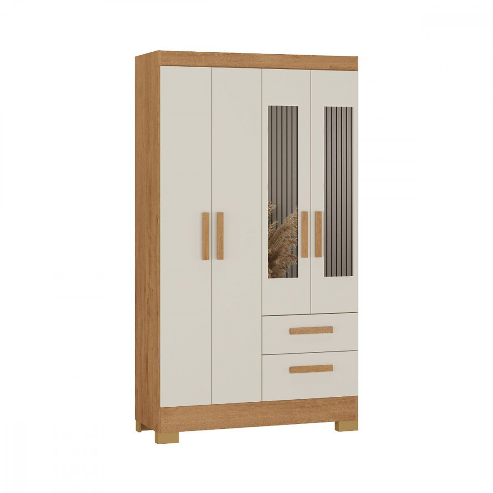 Guarda Roupa Solteiro com Espelho 4 Portas Fortaleza Canelato Off White Atualle - Home & Living