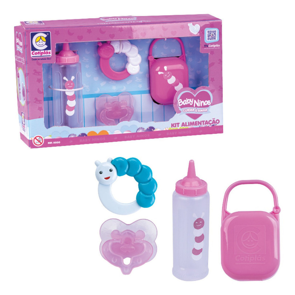 Brinquedo Infantil Para Boneca Kit Alimentação Baby Ninos Mamadeira Mordedor Chupeta Porta Chupeta Original Cotiplas